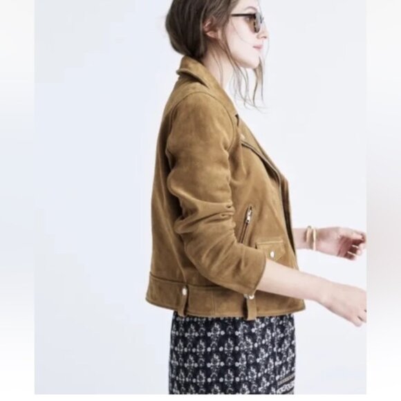 Madewell Tan Suede Leather Zip Motorcycle Jacket Women Size XL - Picture 2 of 8